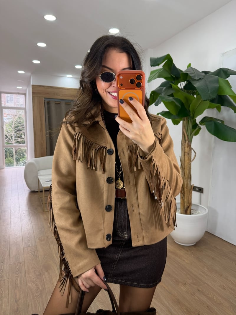 Düğmeli Püsküllü Süet Ceket - Bej 