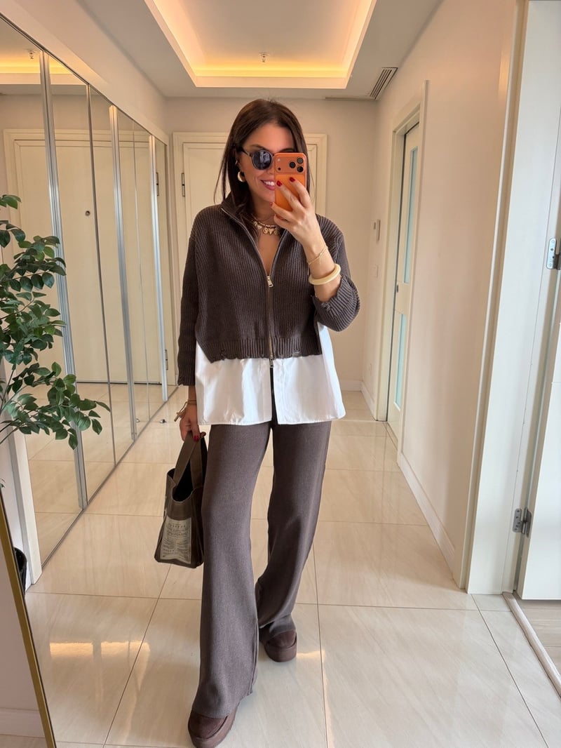 Poplin Detaylı Çift Fermuarlı Triko Takım-Vizon