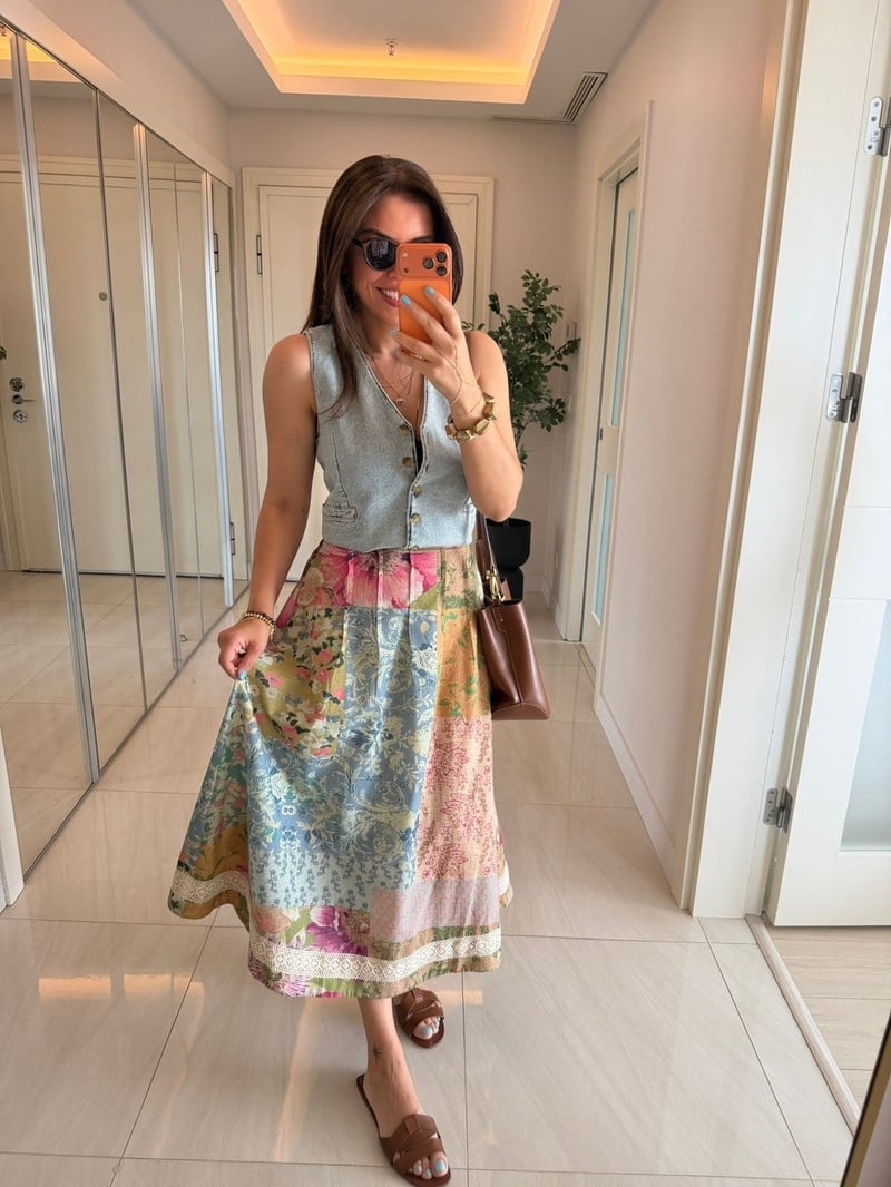 Patchwork Desen Dantel Detaylı Etek