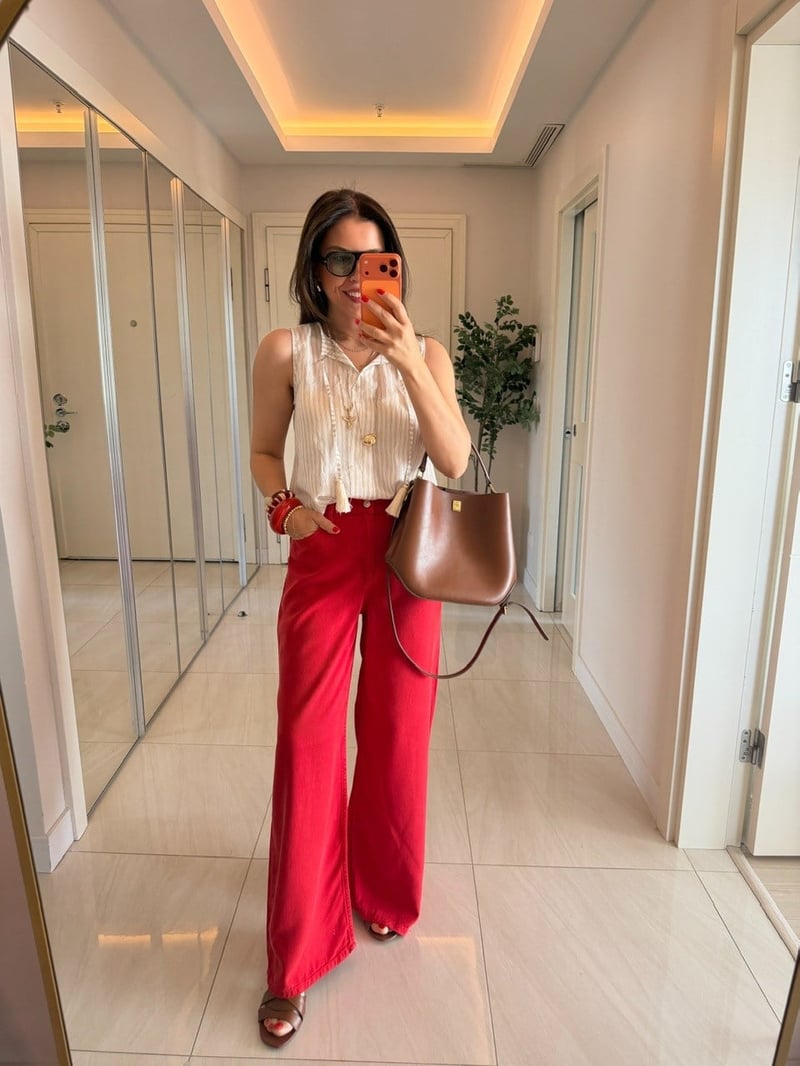 Premium Tensel Palazzo Denim Pantolon - Kırmızı