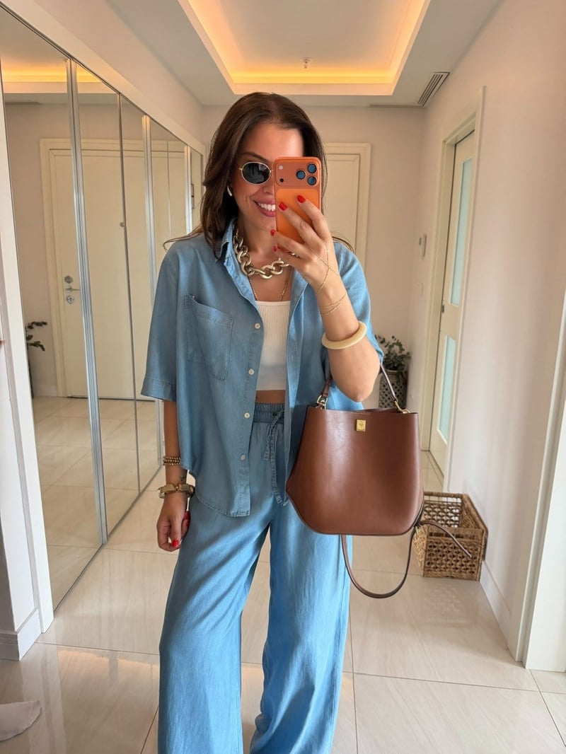 Yarım Kol Premium Tensel Denim Takım - Buz Mavisi