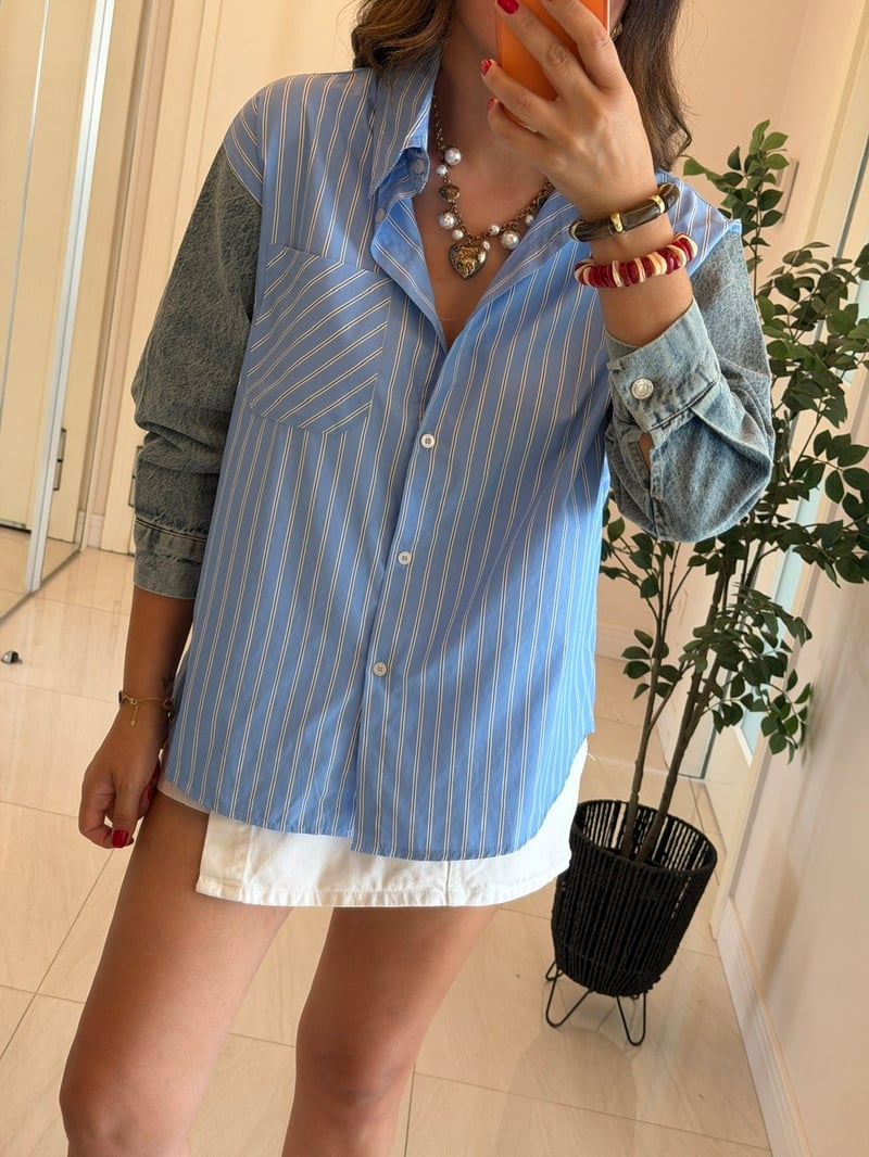 Çizgili Poplin Denim Mix Gömlek - Mavi