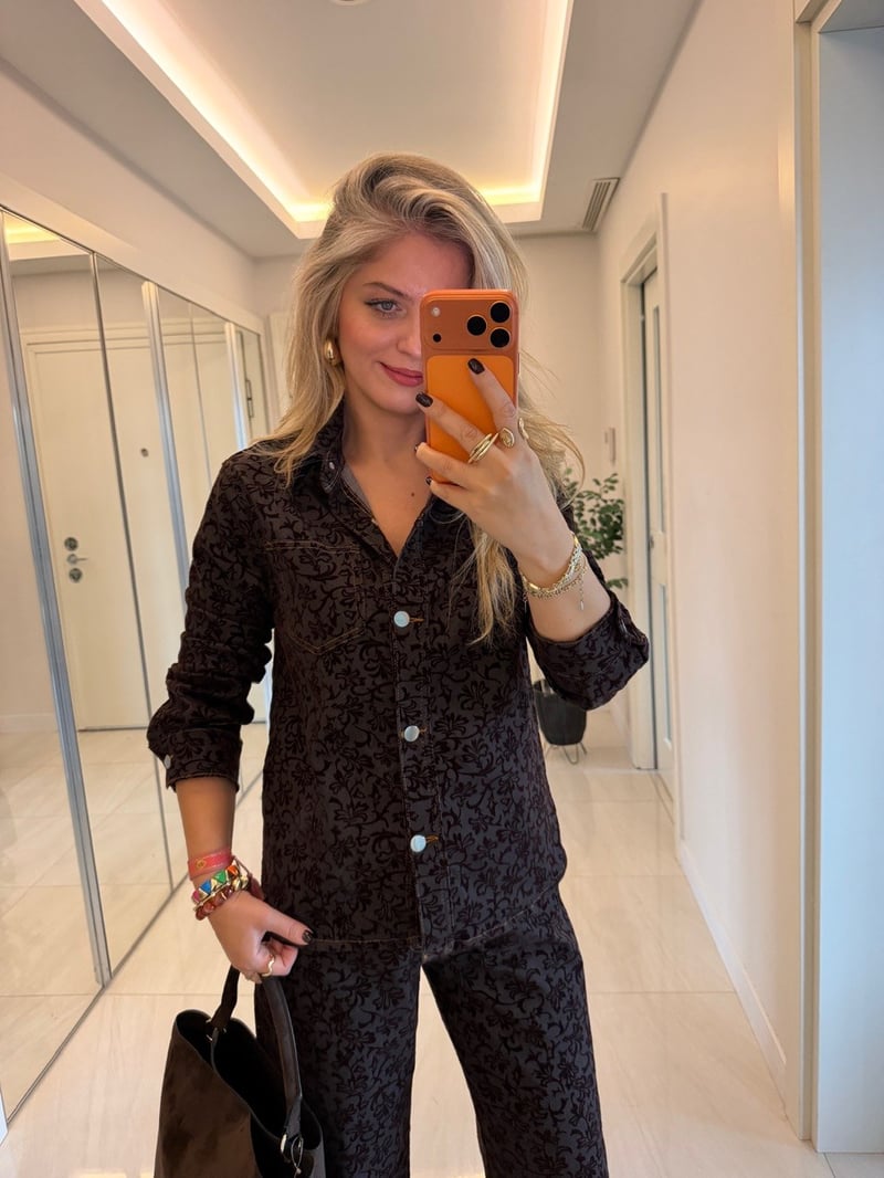 Orijinal Marka Jakar Dokuma Detaylı Denim Takım - Kahve