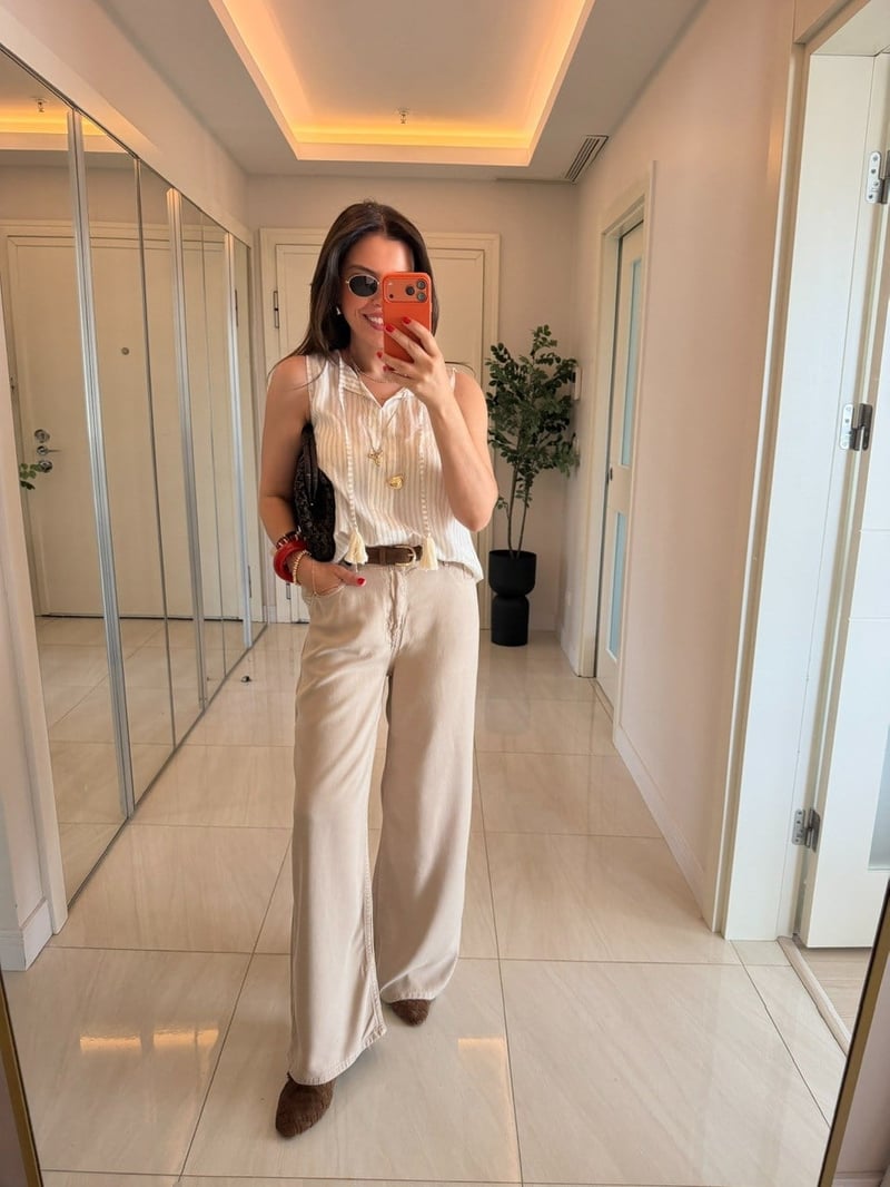 Premium Tensel Palazzo Denim Pantolon - Taş