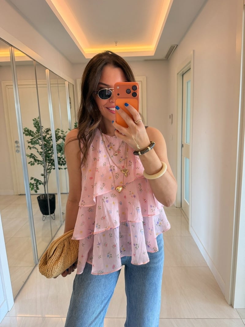 Çıtır Çiçek Desenli Fırfırlı Tensel Bluz  - Pembe