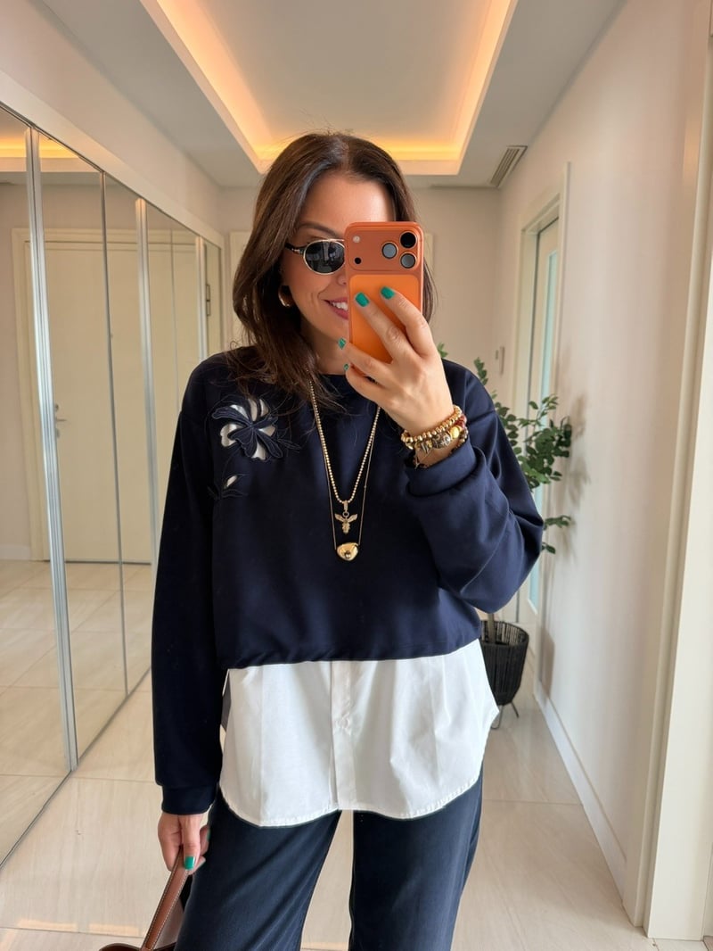 Orijinal Model Nakışlı Gömlekli Sweat - Lacivert