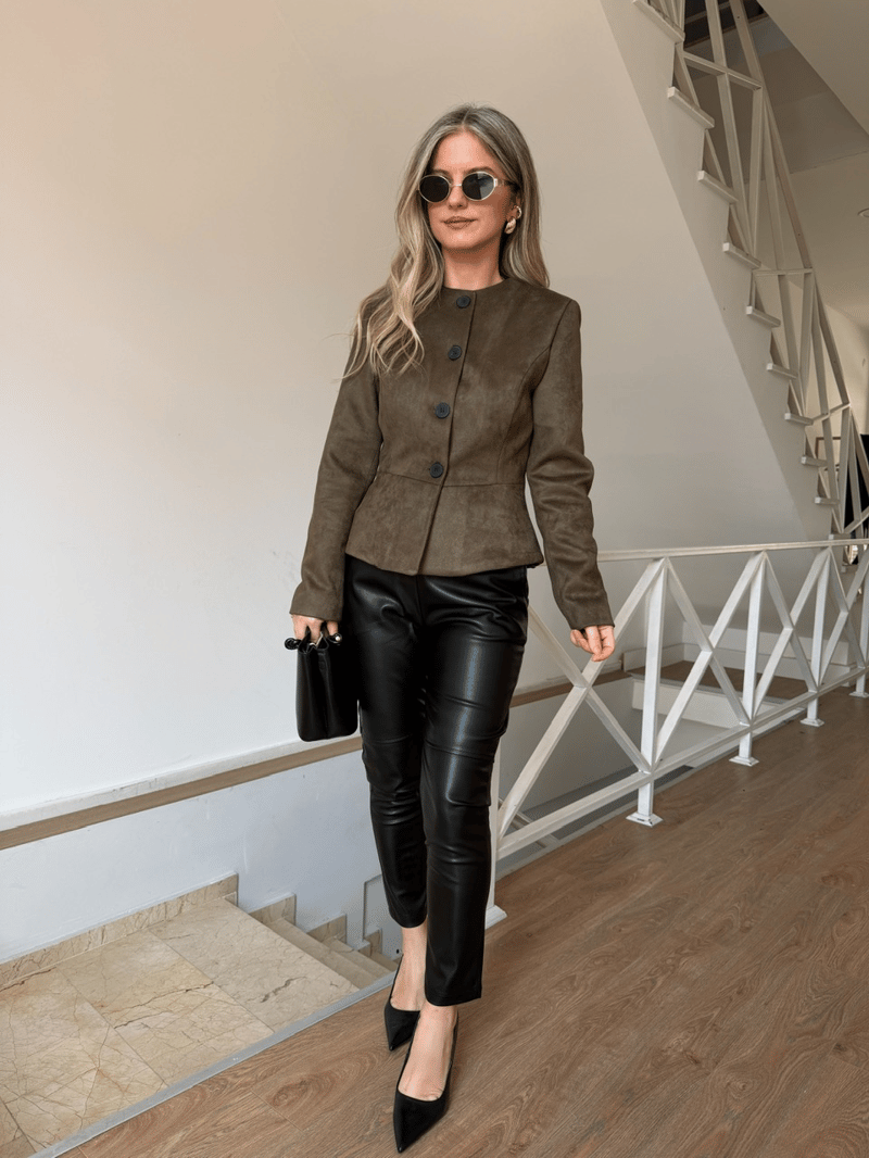 Önü Düğmeli Premium Süet Ceket - Haki