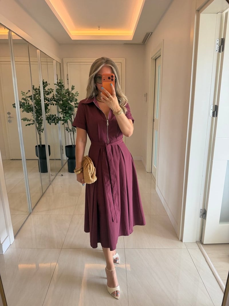 Önü Bağlama Detaylı Polo Yaka Cepli Poplin Elbise-Bordo