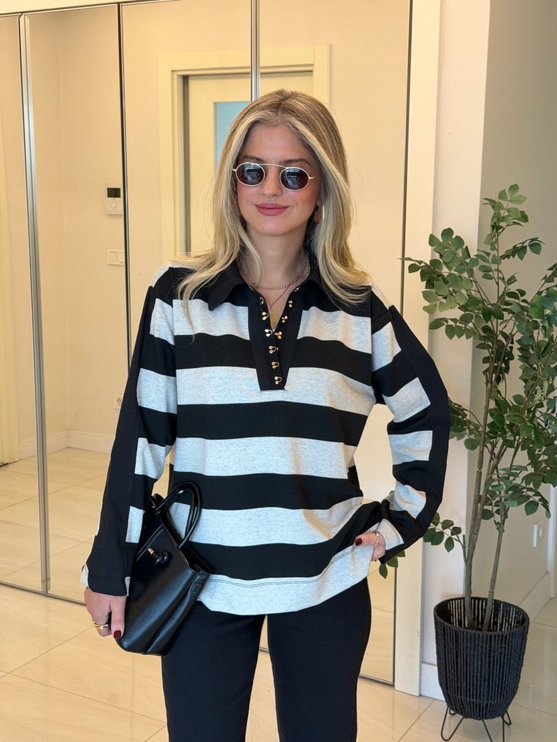 Agraf Detaylı Polo Yaka Çizgili Sweatshirt-Siyah