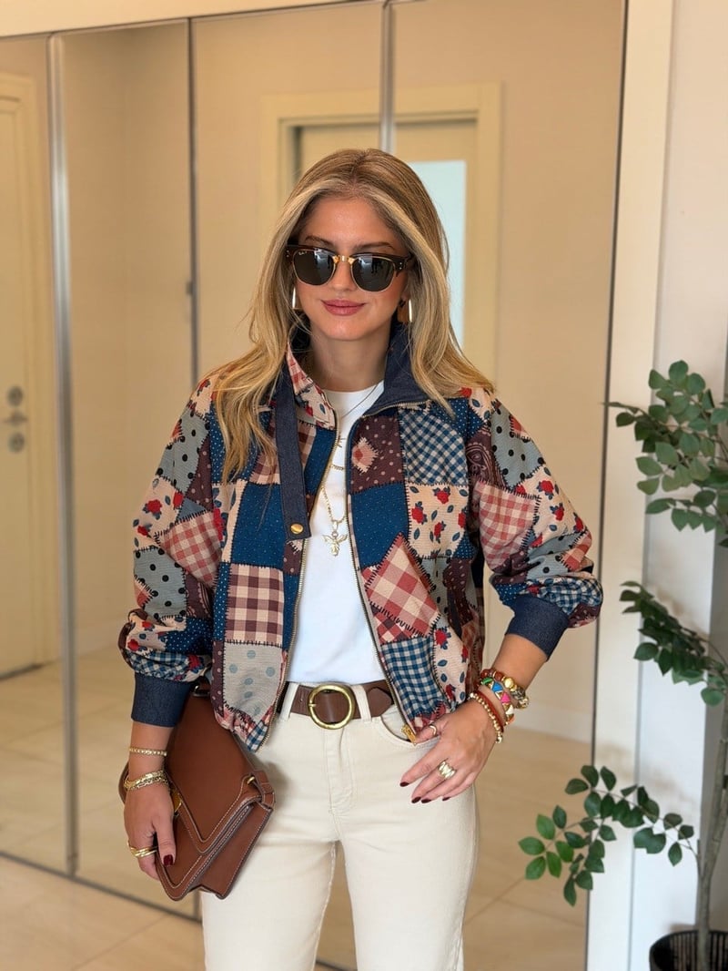 Patchwork Desen Yüksek Yaka Bomber 