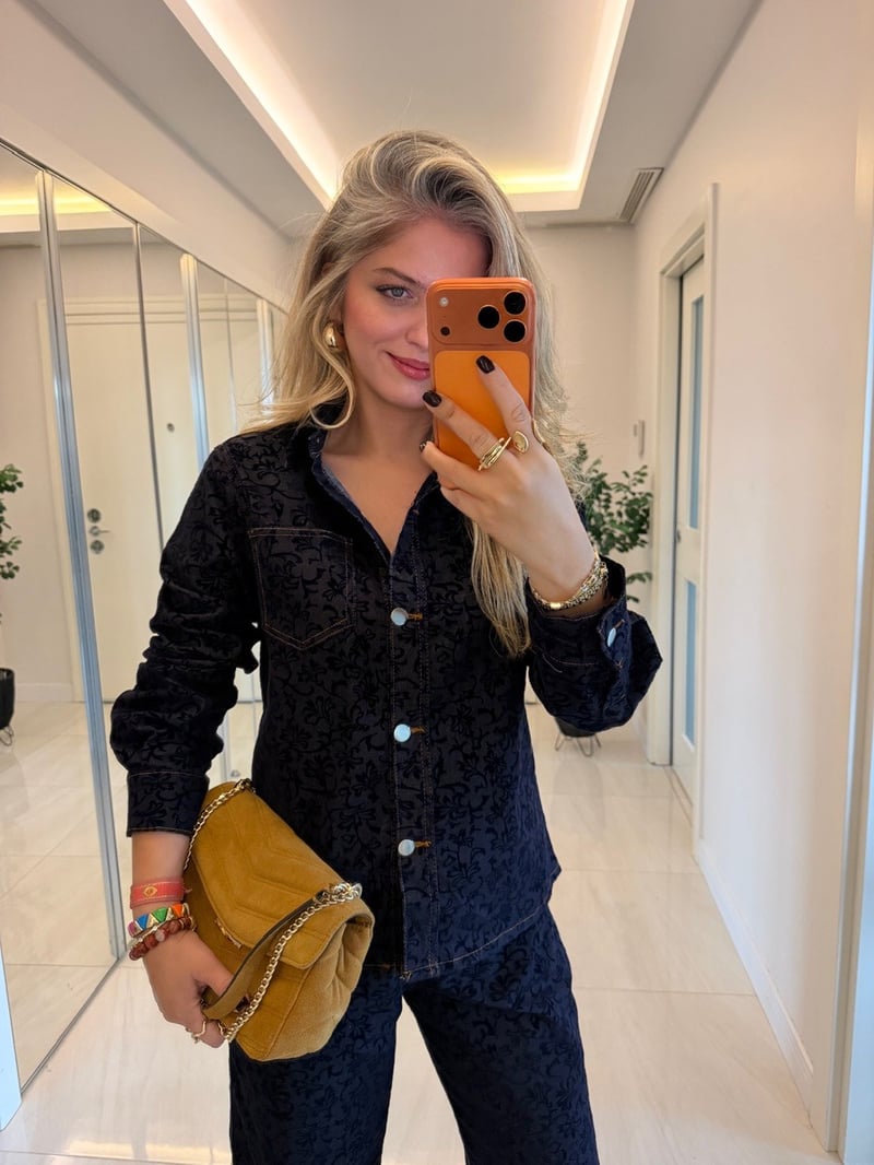 Orijinal Marka Jakar Dokuma Detaylı Denim Takım - Lacivert 