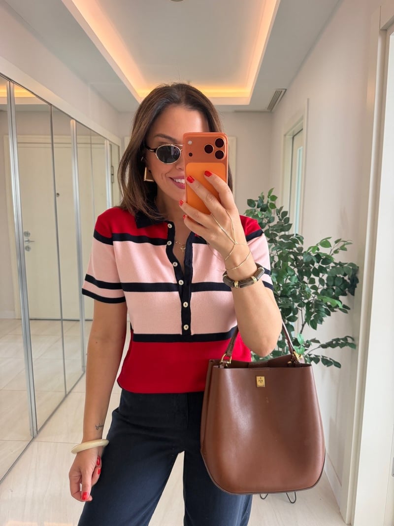 Polo Yaka Kırmızı Pembe Çizgili Merserize Triko