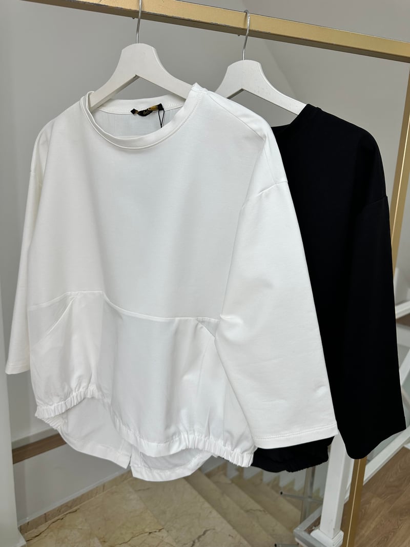 Arkası Gömlek Detaylı Cepli Sweatshirt-Beyaz