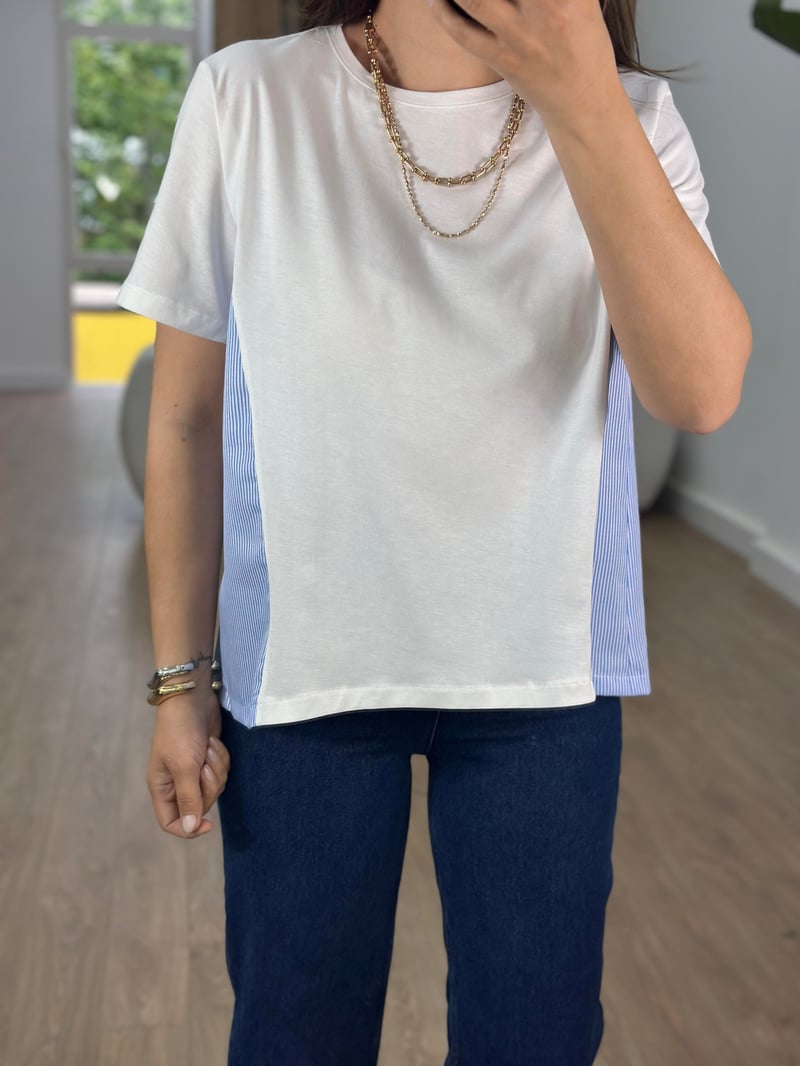 Arkası Poplin Detaylı Basic Tişört-Mavi