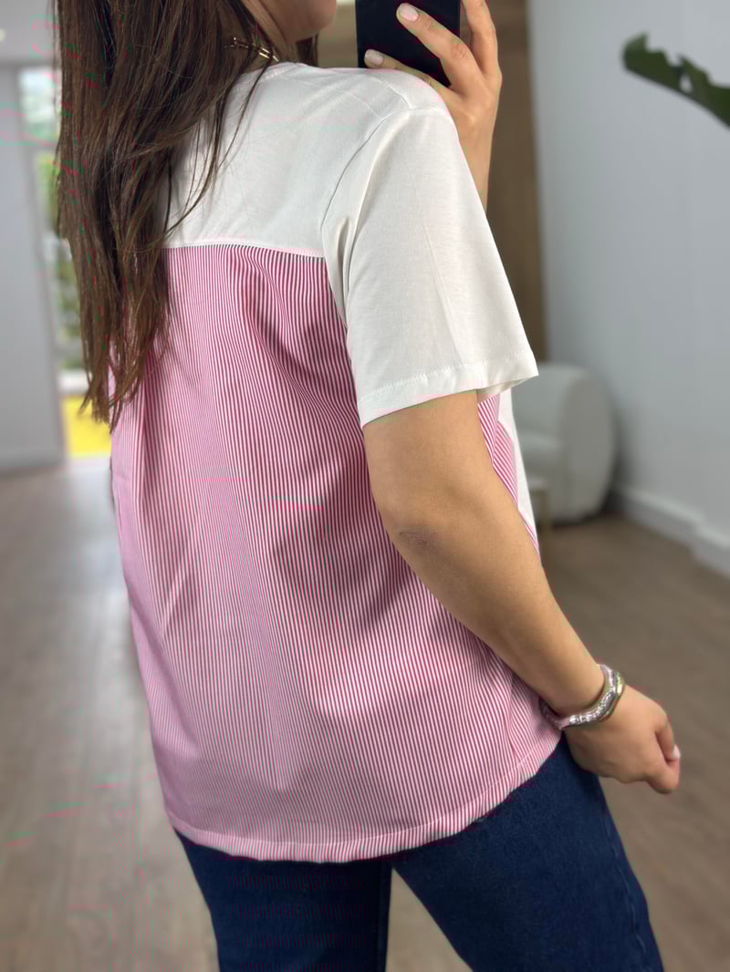 Arkası Poplin Detaylı Basic Tişört-Pembe