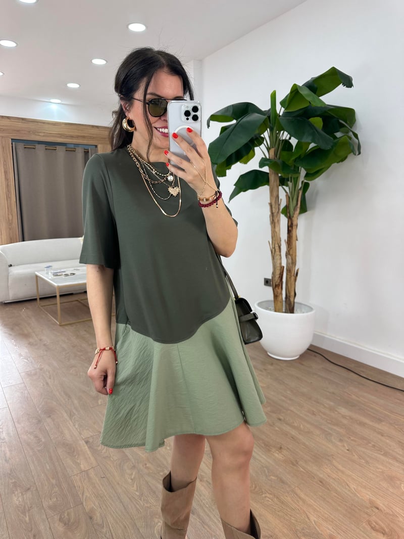 Asimetrik Mini Elbise - Haki