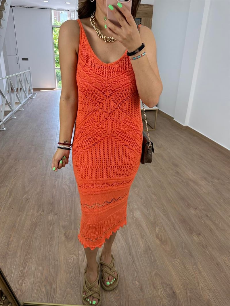 Askılı Ajurlu Elbise-Turuncu