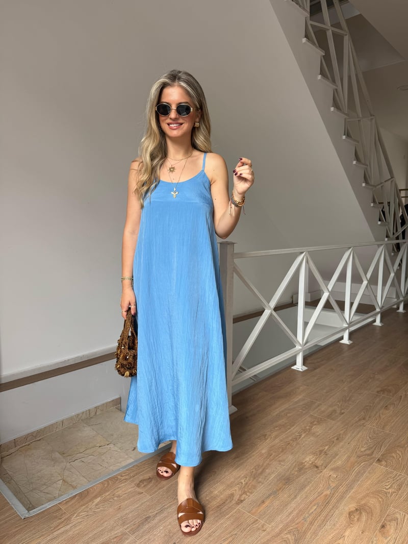 Askılı Midi Elbise - Mavi