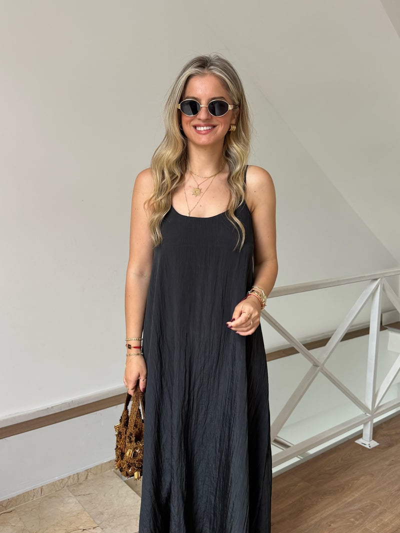 Askılı Midi Elbise - Siyah