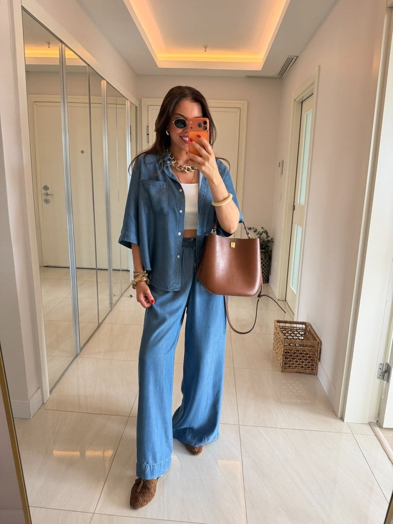 Yarım Kol Premium Tensel Denim Takım - Mavi