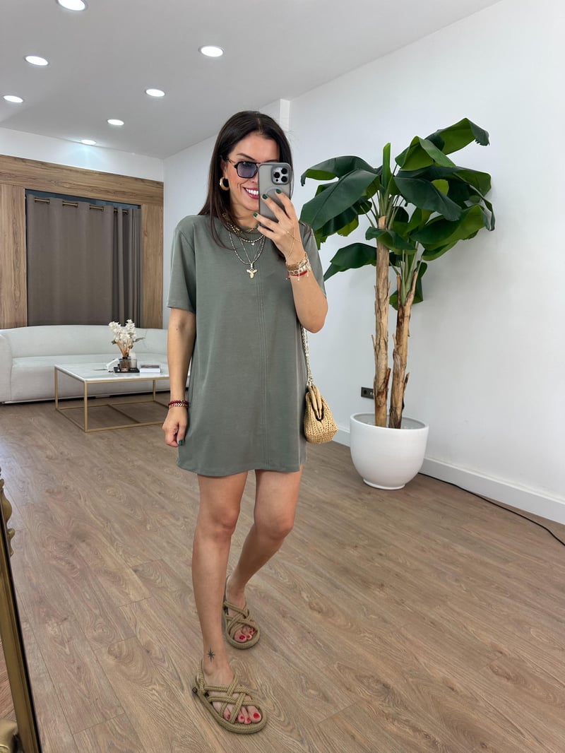 Basic Modal Mini Elbise - Haki