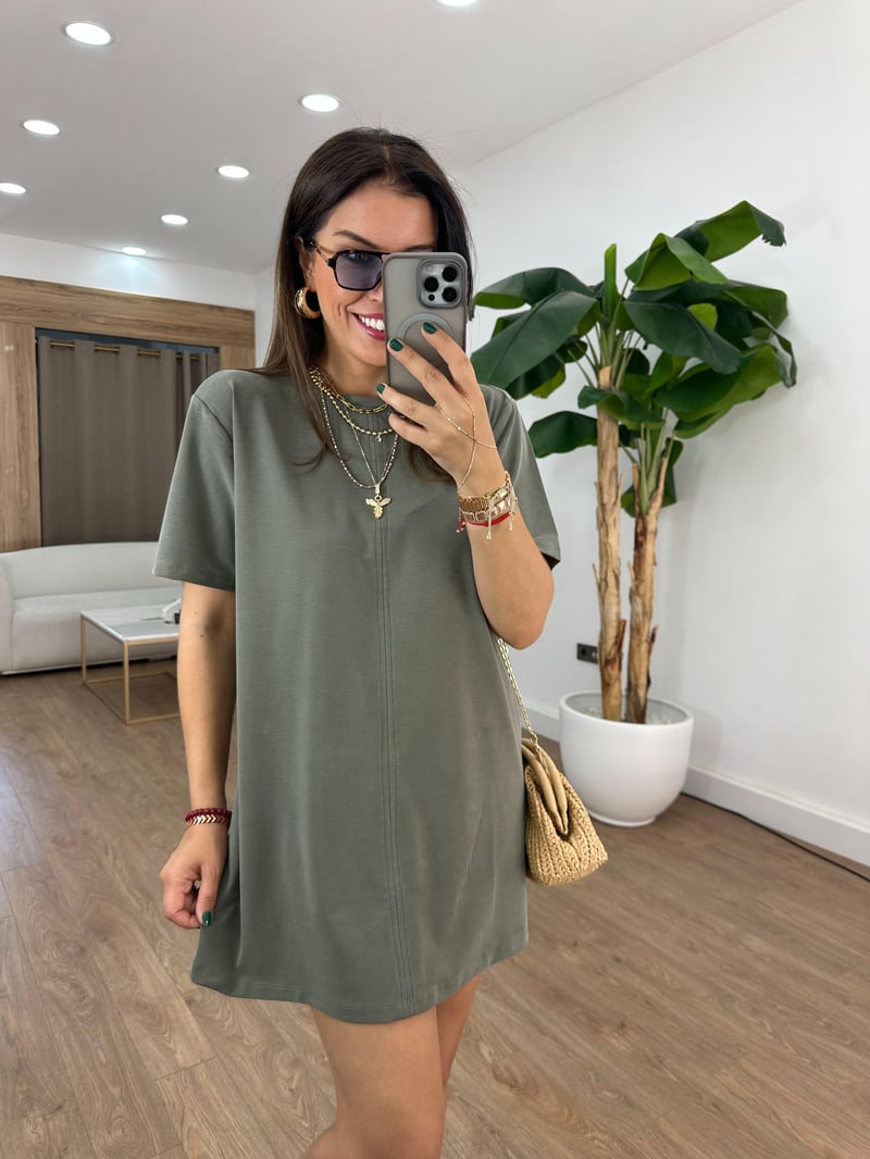 Basic Modal Mini Elbise - Haki