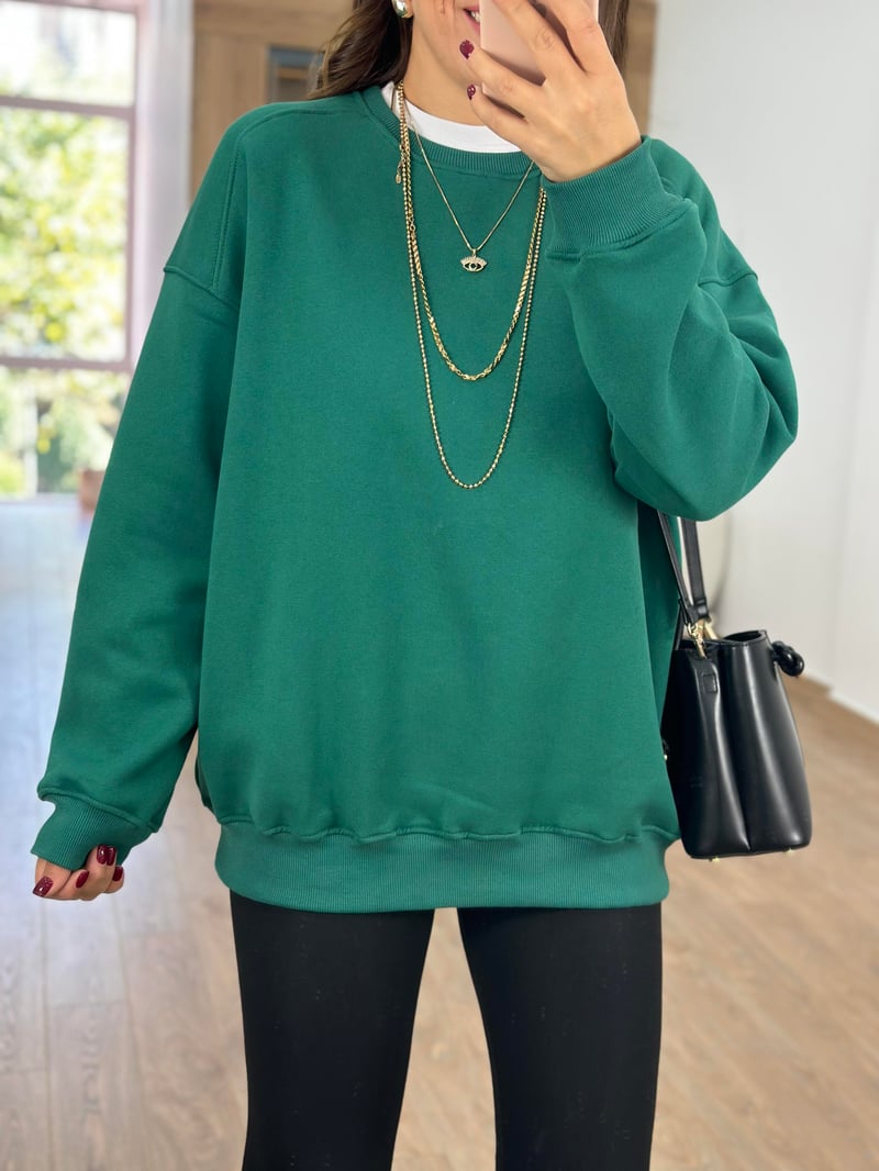 Basic Salaş Sweatshirt-Zümrüt