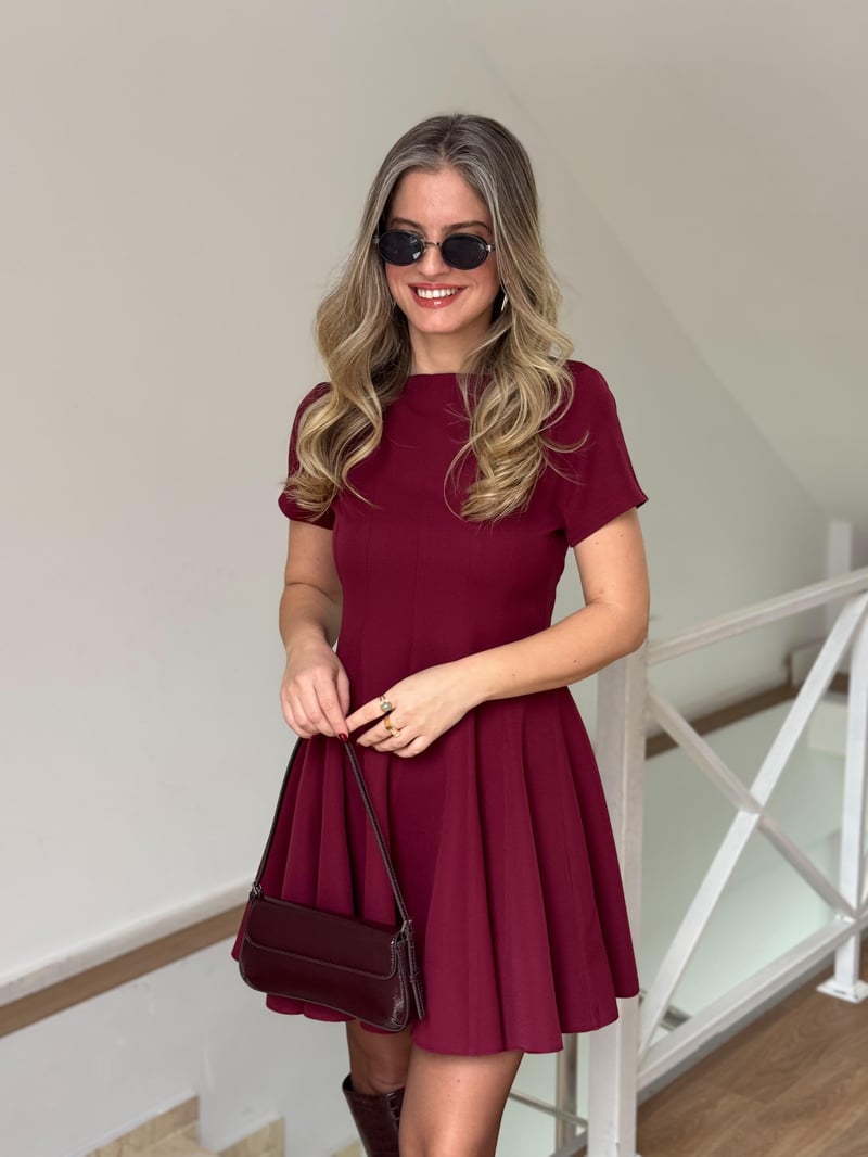 Belden Oturtmalı Mini Kloş Elbise - Bordo