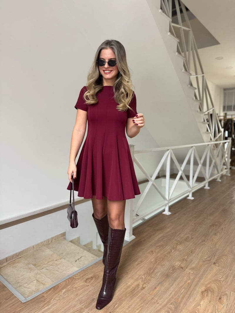 Belden Oturtmalı Mini Kloş Elbise - Bordo