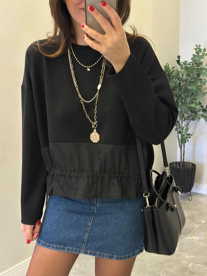 Beli Büzgülü Sweatshirt - Siyah
