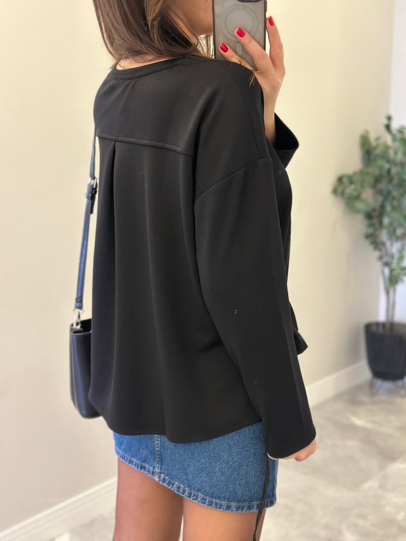 Beli Büzgülü Sweatshirt - Siyah
