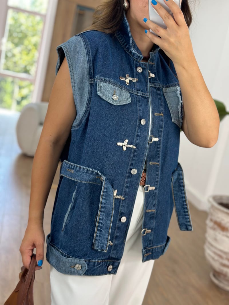 Beli Kemerli Kancalı Denim Yelek
