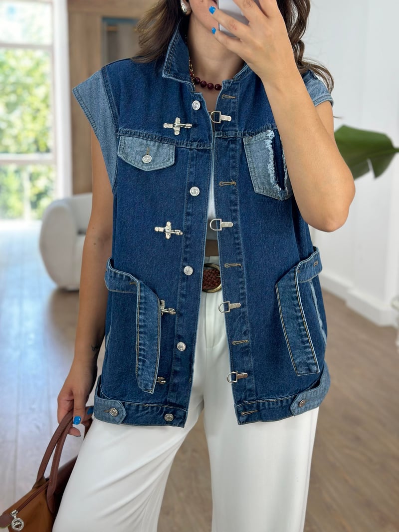 Beli Kemerli Kancalı Denim Yelek