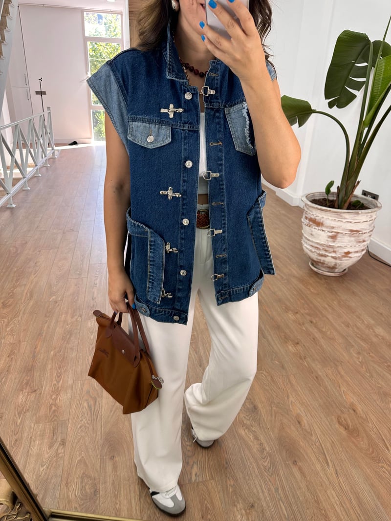Beli Kemerli Kancalı Denim Yelek