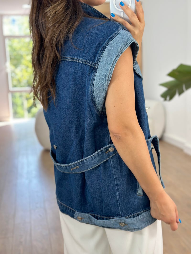 Beli Kemerli Kancalı Denim Yelek