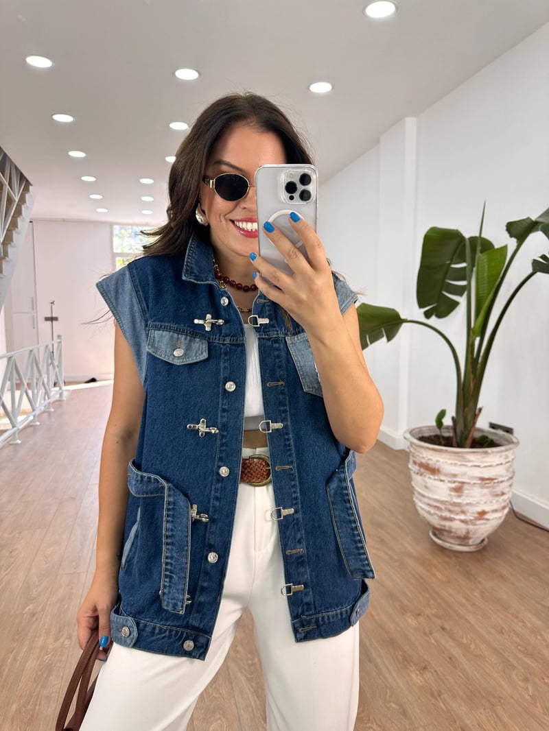 Beli Kemerli Kancalı Denim Yelek