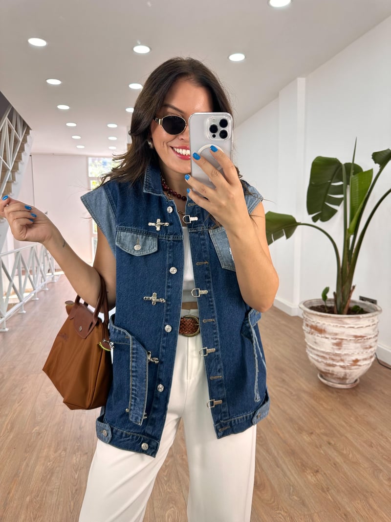 Beli Kemerli Kancalı Denim Yelek