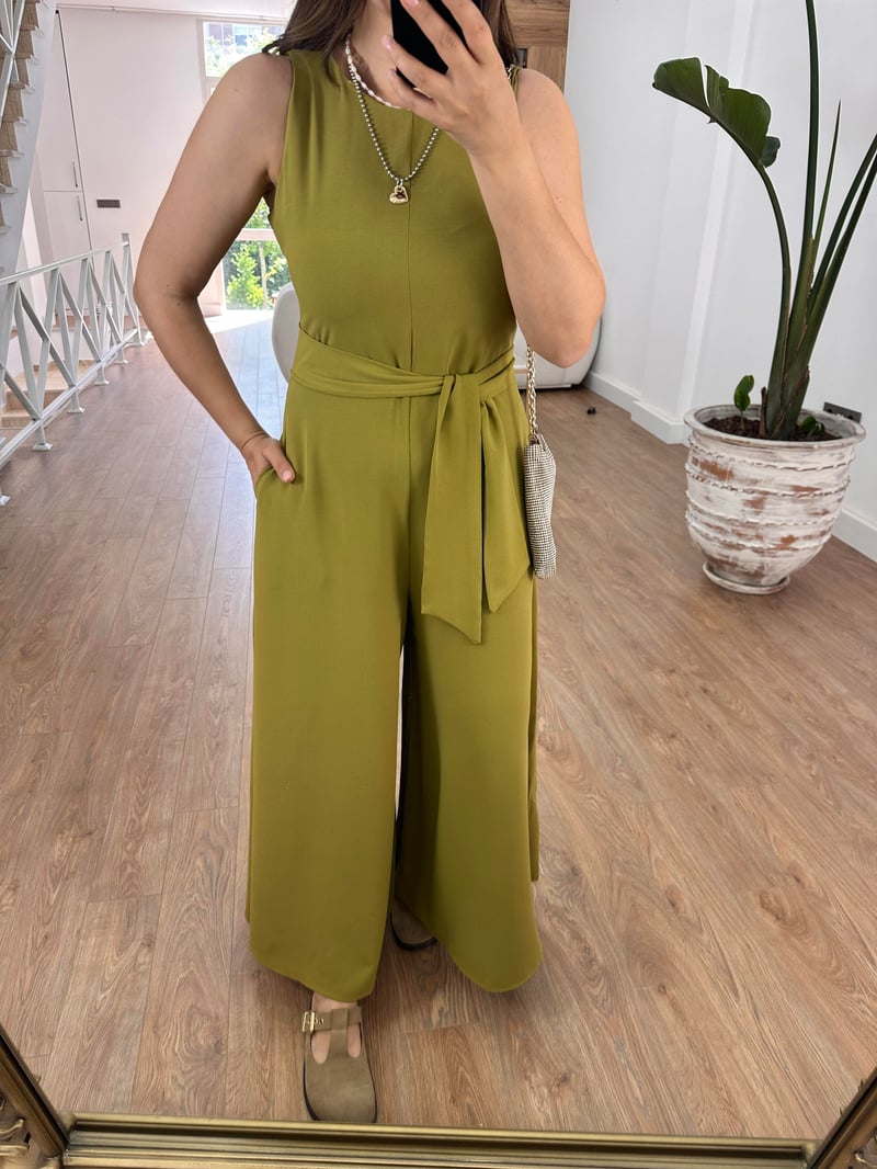 Beli Kuşaklı Bol Paça Krep Kumaş-Olive