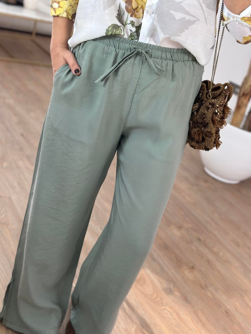 Beli Lastikli Bol Paça Pantolon - Haki