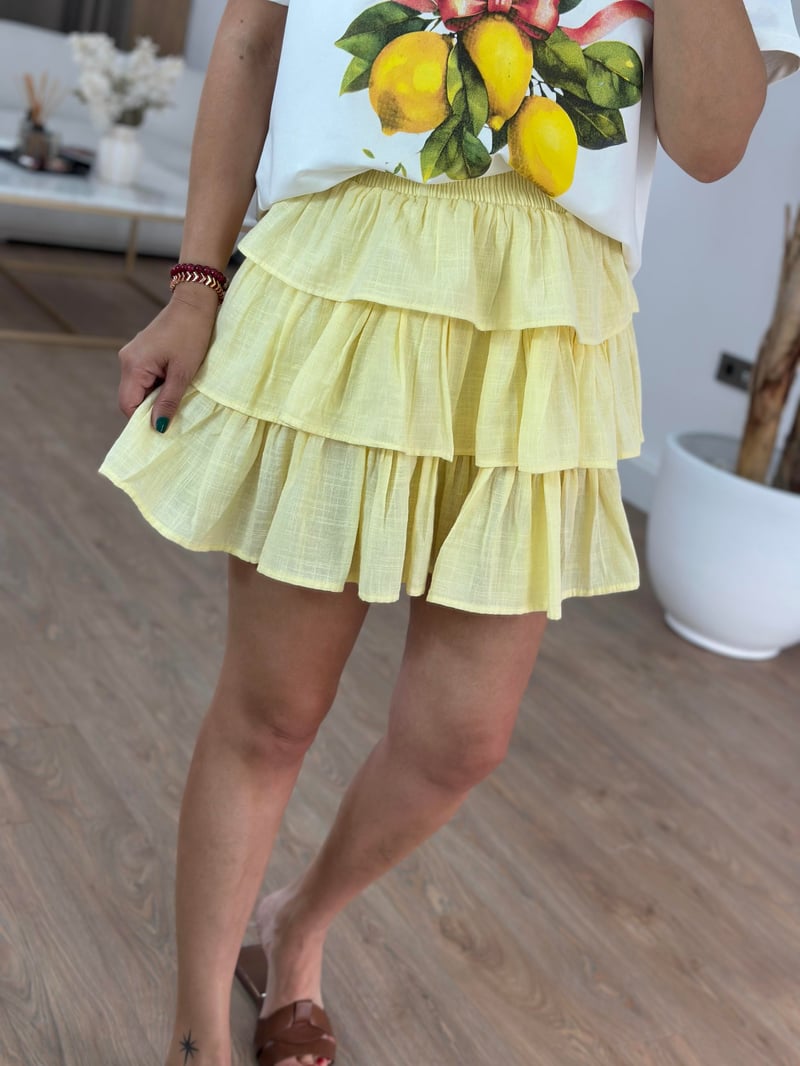 Beli Lastikli Fırfırlı Mini Etek - Sarı