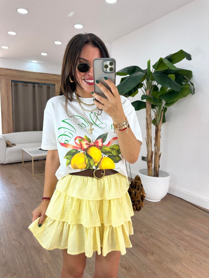 Beli Lastikli Fırfırlı Mini Etek - Sarı