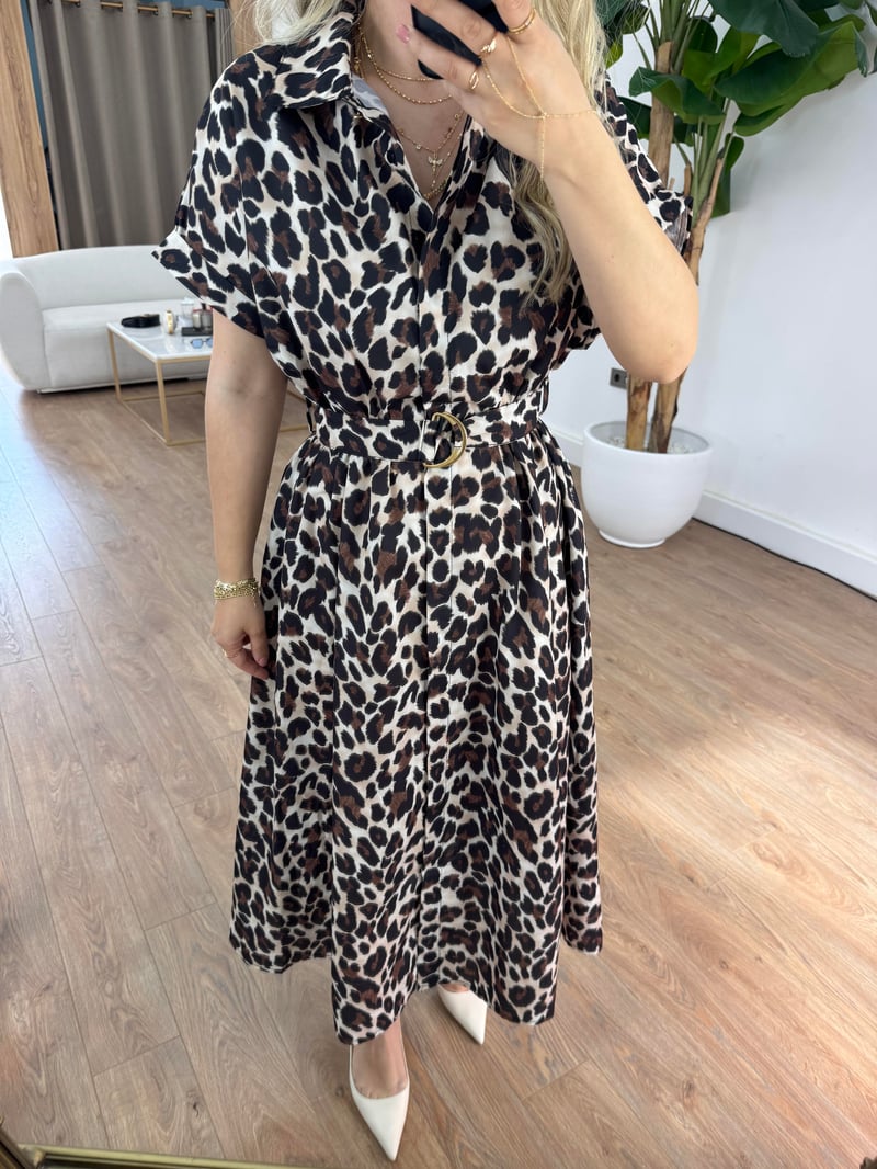 Beli Lastikli Leopar Midi Elbise
