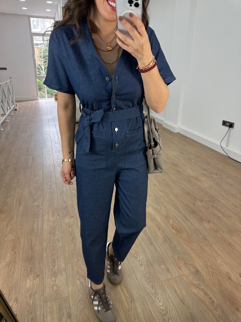 Beli Lastikli Likralı Denim Tulum