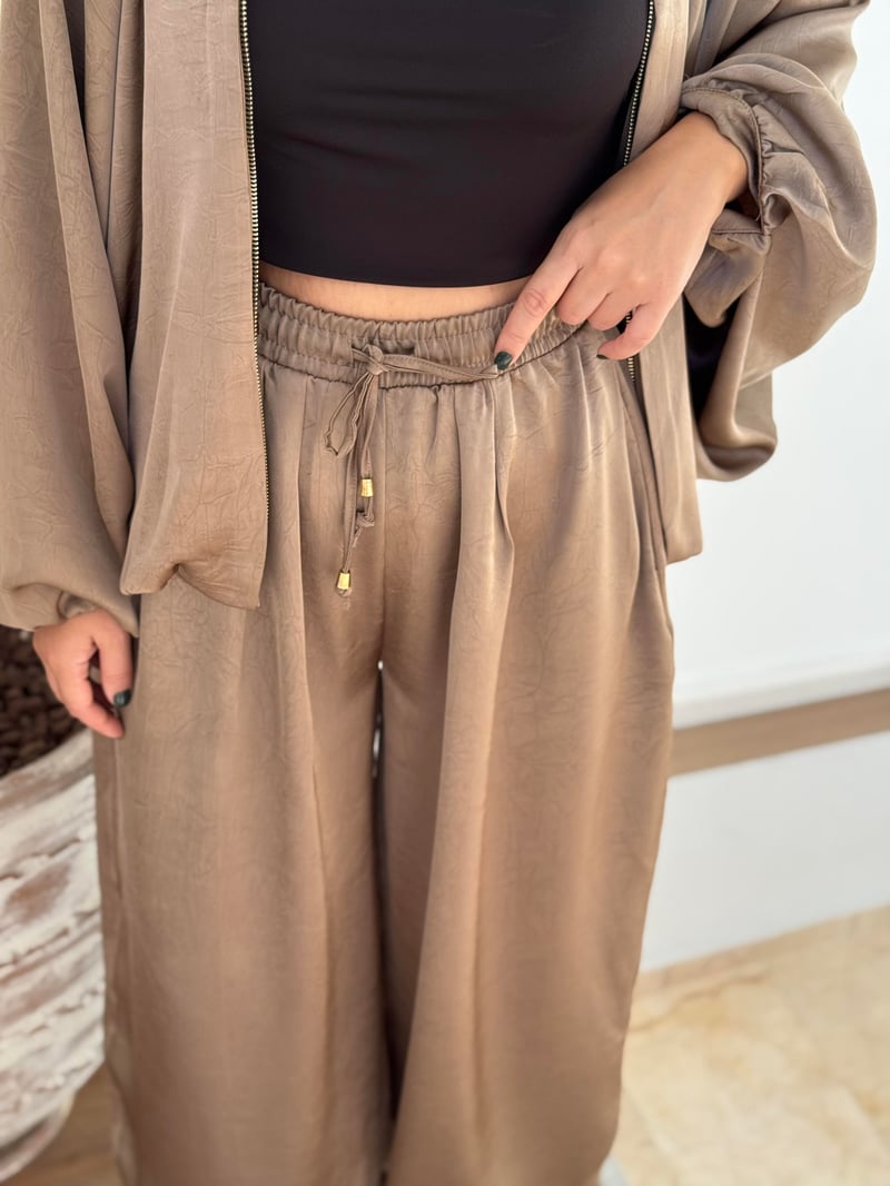 Beli lastikli Saten Şalvar Pantolon - Vizon