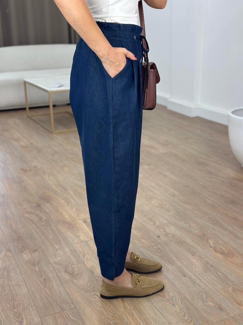Beli Lastikli Taba Dikişli Denim Pantolon