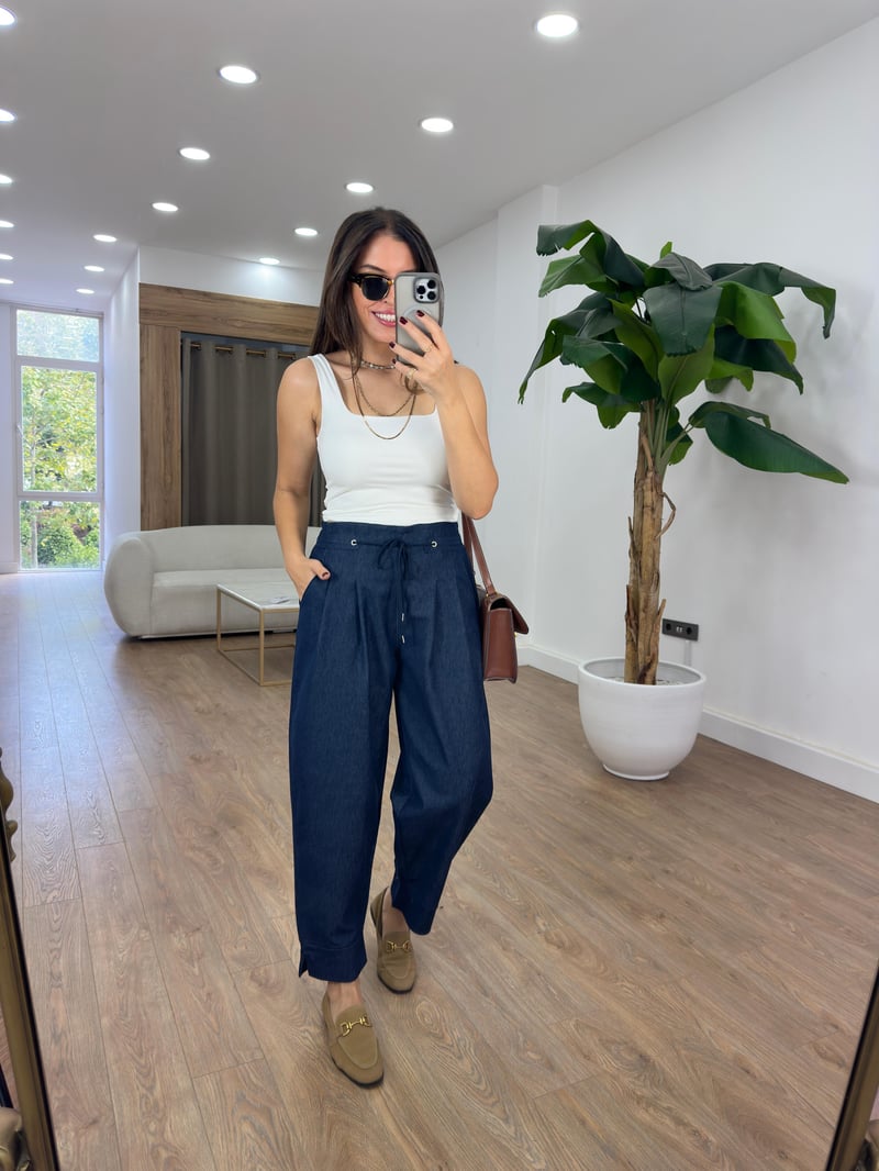 Beli Lastikli Taba Dikişli Denim Pantolon