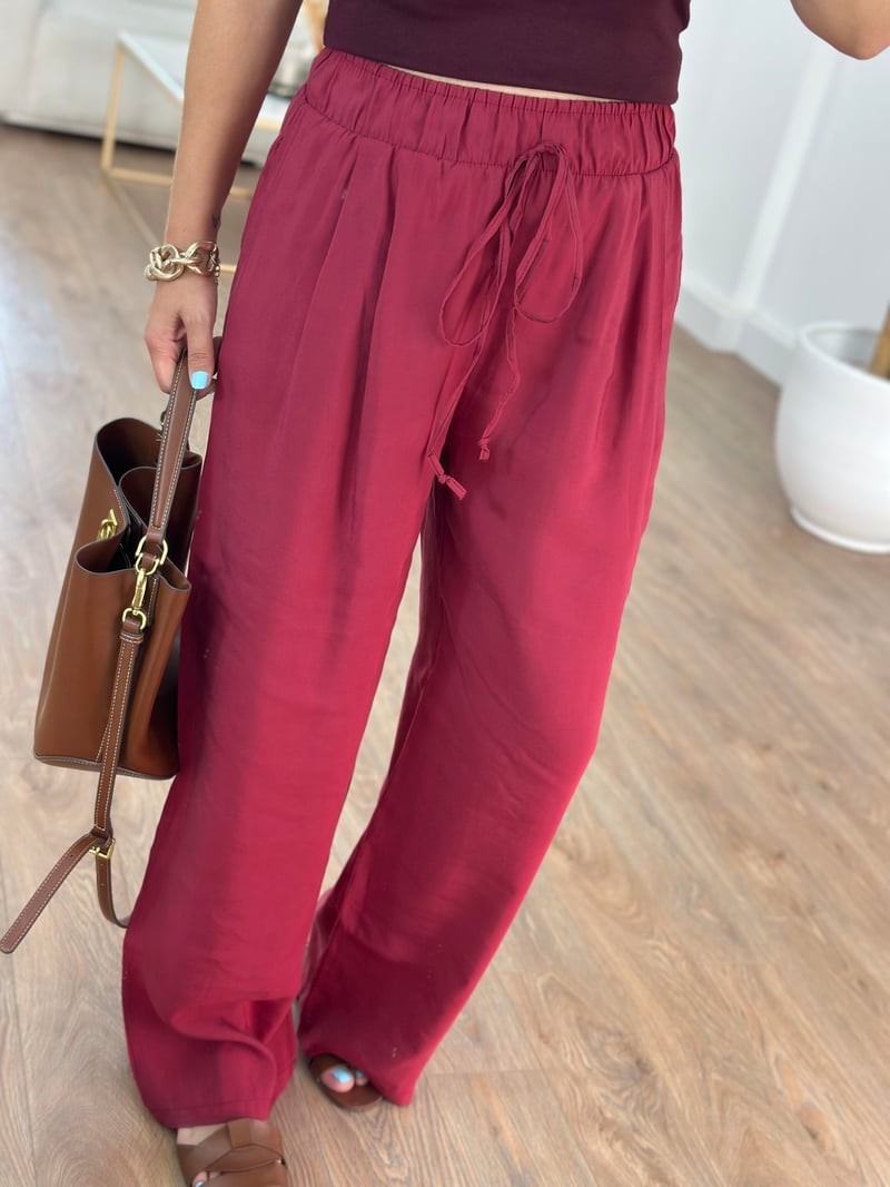 Beli Lastikli Tensel Pantolon - Bordo