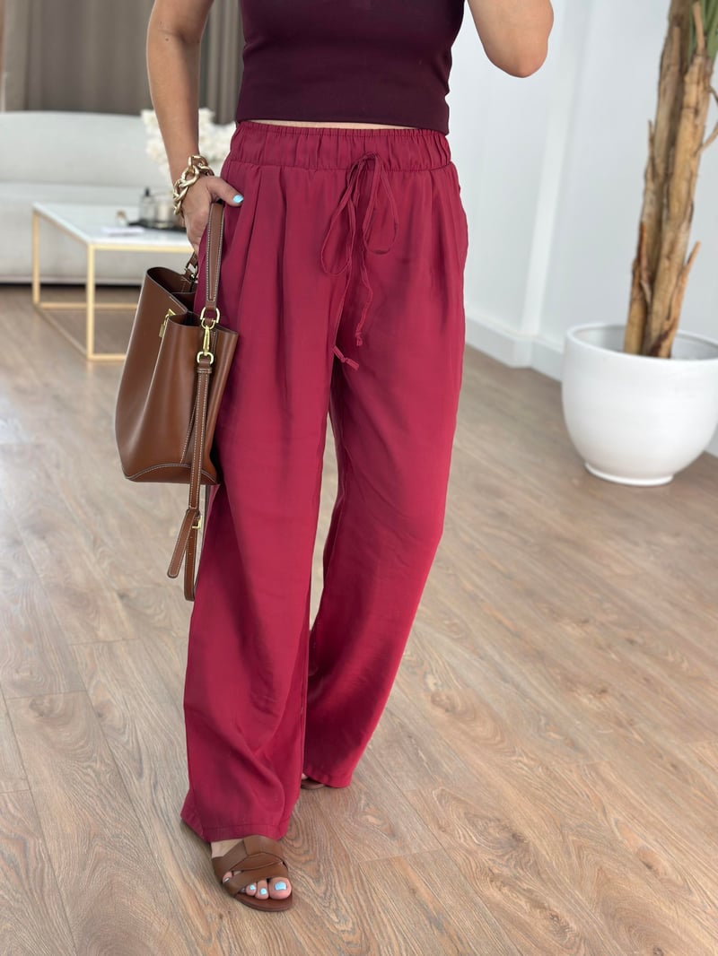 Beli Lastikli Tensel Pantolon - Bordo
