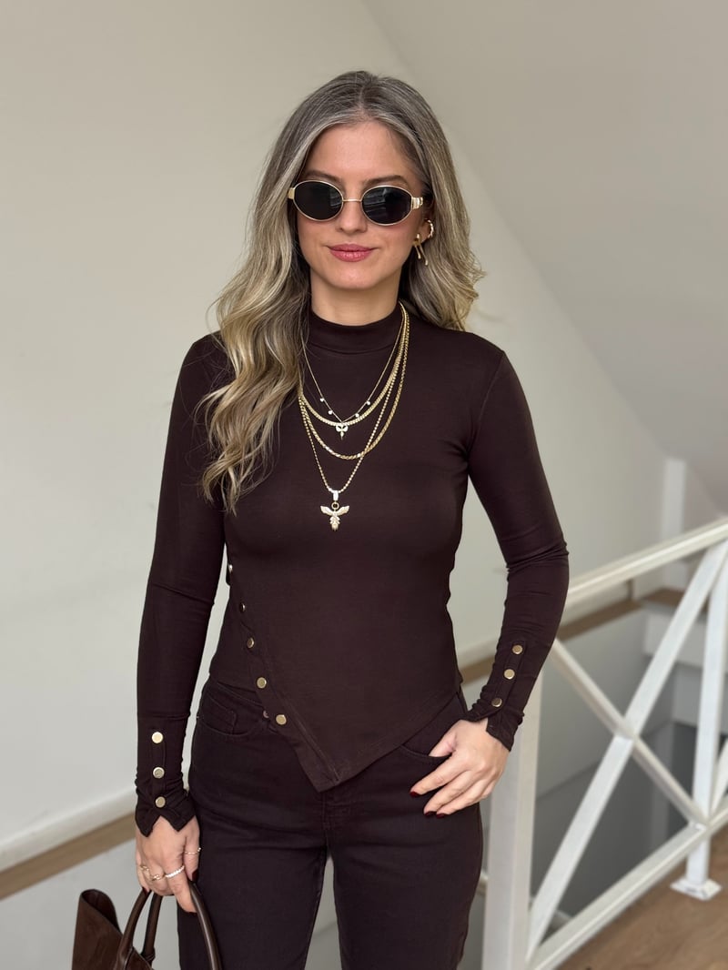 Beli ve Kolu Gold Düğmeli Bluz - Kahverengii