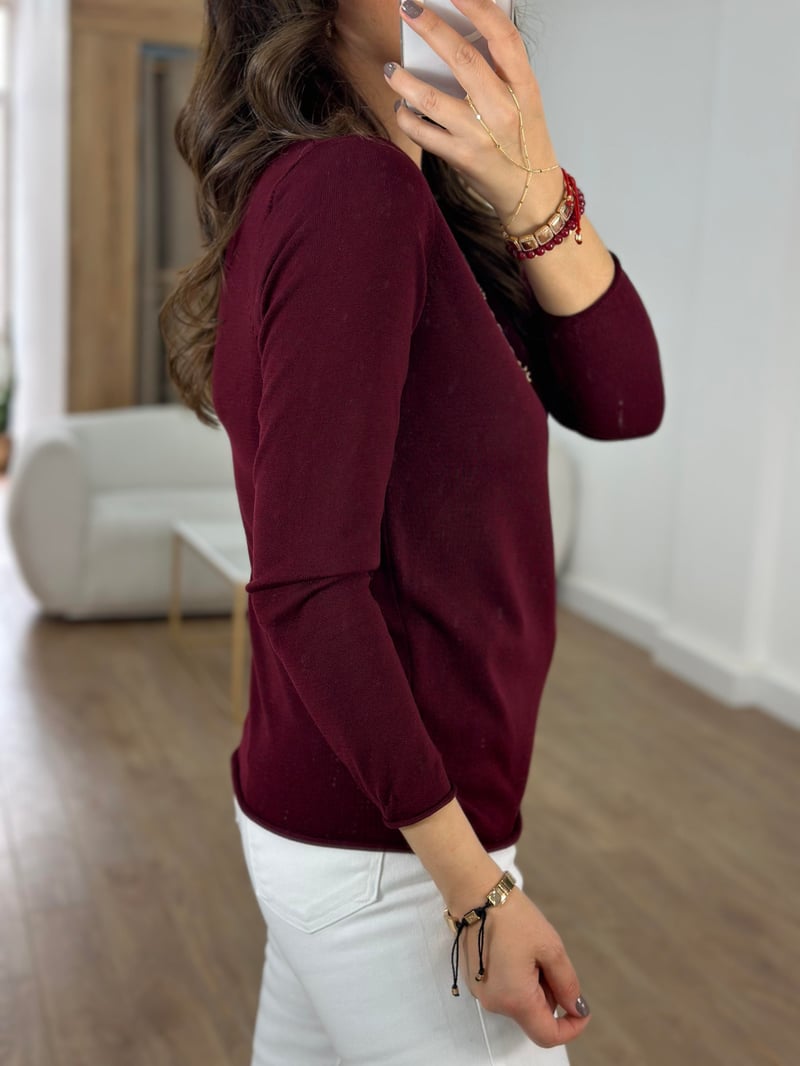 Bisiklet Yaka Basic Triko - Bordo